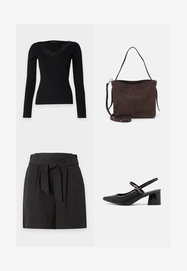 Top longo de malha preta com decote em V e acabamentos em renda. A textura do tecido aparenta ser suave e ajustada, adequada para looks em camadas.; Calções pretos com um cós dobrado e um detalhe de atilho. Feitos de um tecido suave com um corte ajustado e fenda lateral para conforto.; Sabrinas de cerâmica preta com salto bloco, bico apontado e um design com recortes arredondados. Apresenta um detalhe em fivela de tom dourado.; Saco tote em camurça castanha com uma textura suave, apresentando uma única alça de ombro e uma abertura superior levemente curvada. Sem detalhes de hardware visíveis.