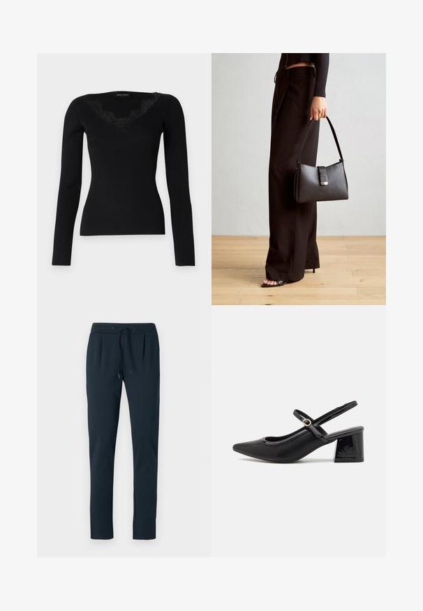 Juodas ilgas rankovės lygus viršus su V formos iškirpte ir nėrinių detalėmis. Audinio tekstūra atrodo lygi ir prigludusi, tinkama sluoksniams.; Tamsiai mėlynos medvilninės džinsinės kelnių kelnės su raišteliu juosmens ir siaurėjančiomis kojomis, priekyje su klostėmis. Minkšta tekstūra ir minimalus dizainas.; Juodi patentinio odos slingback aukštakulniai su smailiu pirštu, apvaliu išpjovimu ir blokiniu kulnu. Papuošti auksiniu juostos akcentu.; Juodas rankinė struktūrizuota forma, lygi tekstūra ir metalinis užsegimas. Suporuota su plačiomis juodomis kelnėmis ir atvirais bateliais ant medinių grindų.