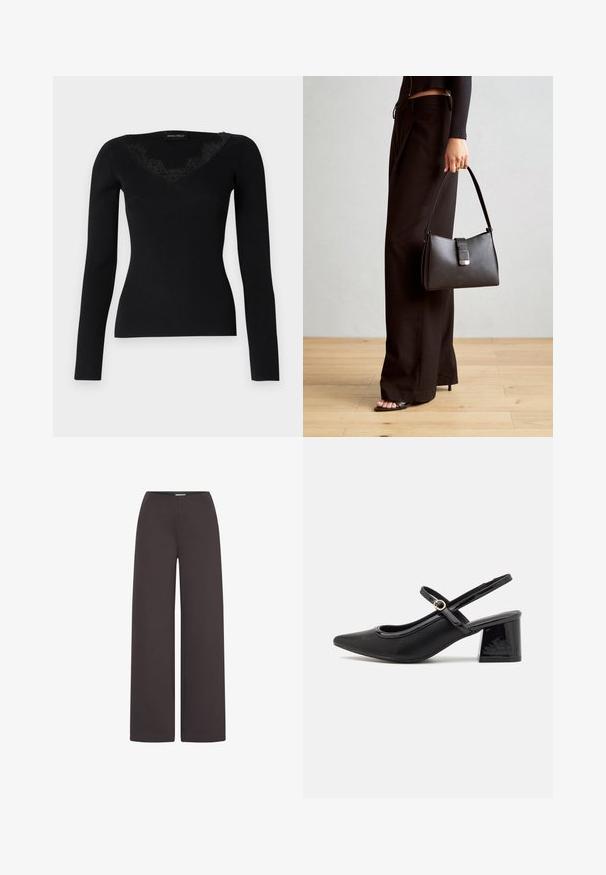 Crni dugi rukav ribani top s V-izrezom i čipkastim detaljima. Tekstura tkanine čini se glatkom i uskom, pogodnom za slojevite kombinacije.; ICHI Hlače - chocolate torte; Crne lakirane slingback visoke potpetice s šiljastim vrhom, zaobljenim izrezom i blok potpeticom. Sadrži akcent zlatnog tona s kopčom.; Crna torba s oblikom koji sadrži strukturu, glađu teksturu i metalnu kopču. Uparena s širokim crnim hlačama i sandalama na otvorenom s drvenog poda.