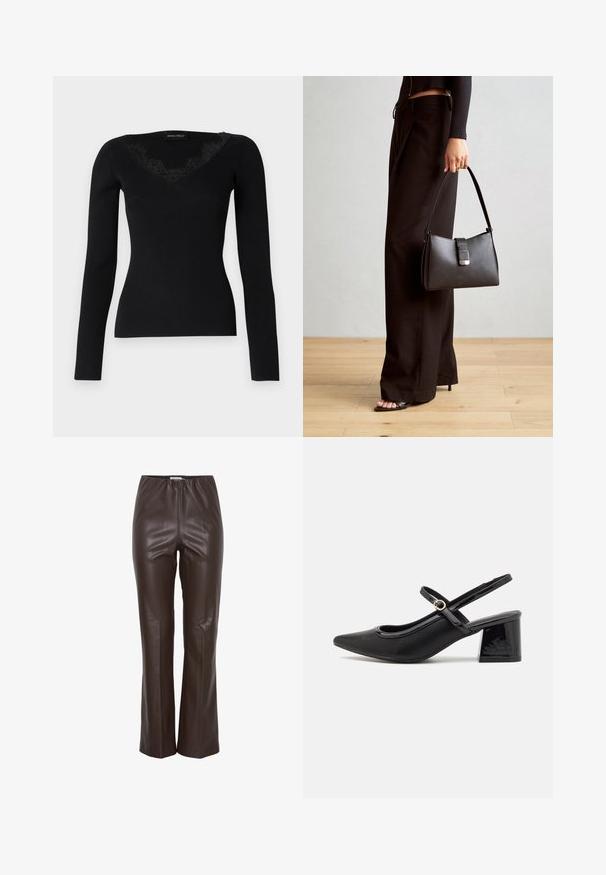Haut noir à manches longues en maille côtelée avec un décolleté en V orné de dentelle. La texture du tissu semble lisse et ajustée, idéale pour des looks superposés.; Pantalons en faux cuir marron avec une texture lisse, une taille élastique et un design ajusté qui s'évase légèrement aux chevilles.; Escarpins slingback en cuir verni noir avec un embout pointu, un design à découpes arrondies et un talon carré. Présente un accent de boucle en ton doré.; Sac à main noir à la forme structurée, texture lisse et fermoir métallique. Associé à un pantalon noir ample et des sandales ouvertes sur un sol en bois.
