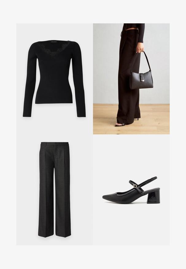 Mustmust pikkade varrukatega ribatud topp, millel on V-kujuline kaelus pitsaktsentidega. Kanga tekstuur tundub siledana ja liibuvalt, sobides kihilise välimuse jaoks.; Mustad laiad püksid, mis on valmistatud tekstuuritud kangast, millel on lame esiosa, kaks külgtaskut ja puhas viimistlus ilma kaunistusteta.; Mustad läikivad nahast slingback-kõrged kontsad, millel on terav nina, ümar lõikekujundus ja blokknina. Omab kuldset nupu aktsenti.; Must musta kott, millel on struktureeritud kuju, sile tekstuur ja metallist klamber. Kombineeritud laiate mustade pükstega ja avatud varvaste sandaalidega puidust põrandal.
