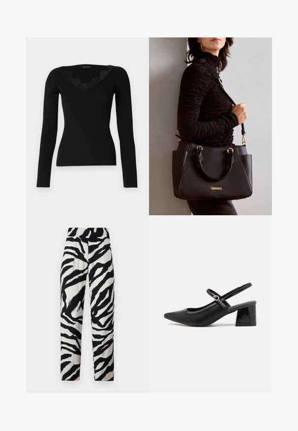 Musta pitkähihainen ribbikuvioitu paita, jossa on V-kaula-aukko ja pitsikoristeet. Kankaan tekstuuri näyttää sileältä ja istuvalta, mikä sopii kerroksellisiin asukokonaisuuksiin.; Harmaa ja valkoinen seepri-kuosiset housut, joissa on joustava vyötärö, suoralla leikkauksella ja pehmeällä pinnalla, joissa on rohkeat, kontrastiset raidat.; Musta lakattu nahka slingback-korkokengät, joissa on terävä kärki, pyöreä aukko-muotoilu ja lohkokorko. Varustettu kultasävyisellä solkiyksityiskohdalla.; Musta käsilaukku, jossa on teksturoitu pinta, kaksi yläkantta ja säädettävä olkahihna. Varustettu kultasävyisillä varusteilla ja sivutaskuilla.