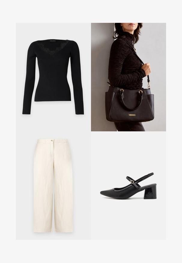 Black long-sleeve ribbed top featuring a V-neck with lace accents. Fabric texture appears smooth and fitted, suitable for layered looks.; Beige wide-leg trousers in a lightweight fabric, featuring a button closure, belt loops, and clean hems. Smooth texture and minimalist design.; Black patent leather slingback heels with a pointed toe, a rounded cutout design, and a block heel. Features a gold-tone buckle accent.; Black handbag with textured surface, dual top handles, and adjustable shoulder strap. Features gold-tone hardware and side pockets.