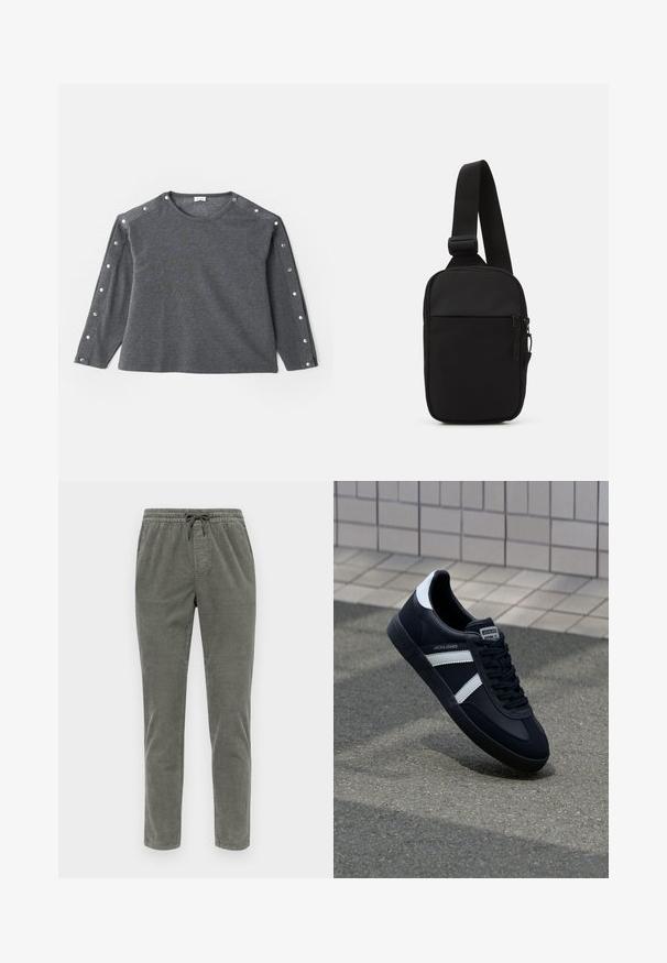 Gray long-sleeve shirt in soft fabric, featuring round neckline and snap button accents along the shoulder for added detail.; Corduroy pants in olive green, featuring an elastic waistband with a drawstring, straight legs, and a textured fabric pattern.; Black leather sneaker with white stripes, textured rubber sole, and lace-up front. Features a branded label on the tongue.; Black crossbody bag made of durable fabric, featuring a single adjustable strap, a zippered main compartment, and a front pocket.