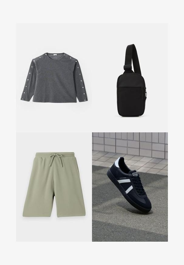 Grå langermet skjorte i myk stoff, med rund halslinning og trykknappdetaljer langs skuldrene for ekstra stil.; Lys grønne shorts laget av et strukturert stoff med elastisk midje og snor. Rett snitt og knelengdesign.; Sorte lærersneaker med hvite striper, teksturert gummihæl og snøring foran. Har et merketikett på tungen.; Svart skulderveske laget av slitesterkt stoff, med en justerbar stropp, en glidelåslukking på hovedrommet og en frontlomme.