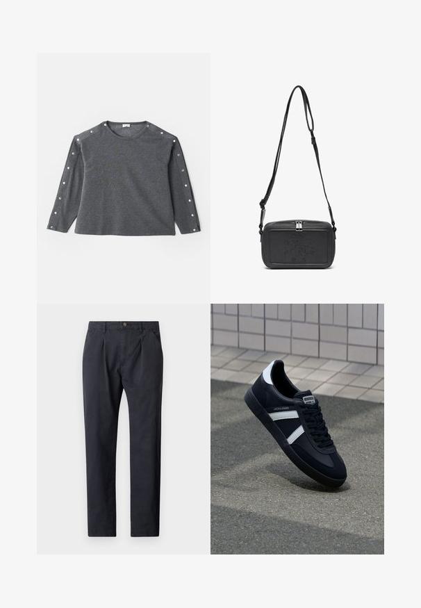 Siva majica dugih rukava od mekog materijala, sa okruglim izrezom i kopčama na dugmad duž ramena za dodatni detalj.; Tamno sivi hlače izrađene od pamučnog materijala. Imaju nabran prednji dio, kopčanje na dugme i dva bočna džepa. Ravan kroj nogavica.; Crne kožne tenisice s bijelim prugama, strukturirana gumena potplate i vezanjem sprijeda. Ima oznaku brenda na jeziku.; Crna kožna torbica preko tijela s patentnim zatvaračem, ugraviranim logotipom sprijeda i podesivim remenom. Glatka tekstura s pravokutnim oblikom.