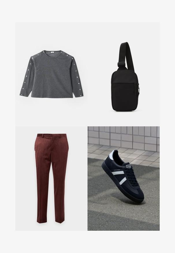 Harmaa pitkähihaisten paita pehmeästä kankaasta, jossa on pyöreä kaula-aukko ja nepparikoristeet olkapäillä lisäyksiksi.; Burgundy-coloured housut sileässä kankaassa, jotka tarjoavat tyylikkään sovituksen. Ne sisältävät litteän etuosan, sivutaskut ja hienovaraisen kiillon.; Mustat nahkakengät valkoisilla raidoilla, teksturoitu kumipohja ja nauha edessä. Varustettu merkkitarralla kielen päällä.; Musta olkalaukku, joka on valmistettu kestävästä kankaasta. Laukussa on yksi säädettävä olkahihna, vetoketjulla suljettava pääosasto ja etutasku.