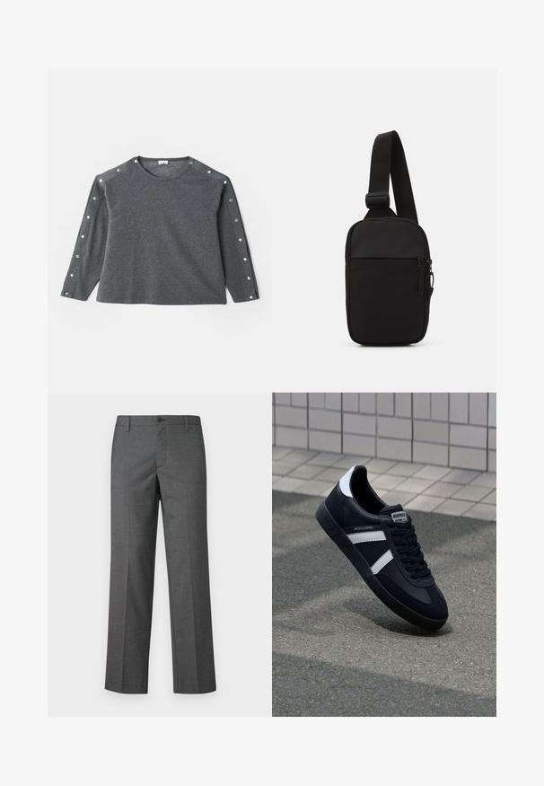 Pelēka ilgām piedurknēm krekls no mīksta auduma, ar apaļu kakla izgriezumu un spiedpogu akcentiem gar plecu, lai piešķirtu papildu detaļu.; Pelēkas pielāgotas bikses, kas izgatavotas no strukturēta auduma, ar taisnām kājām, pogu aizdari un jostas cilpām. Nav redzamu rakstu vai akcentu.; Melnā ādas sporta apavi ar baltām svītrām, teksturēta gumijas zole un auklu aizdare. Iekļauj zīmola etiķeti uz mēles.; Melnā krusta soma, kas izgatavota no izturīga auduma, ar vienu regulējamu siksnu, ar rāvējslēdzēju galveno nodalījumu un priekšējo kabatu.