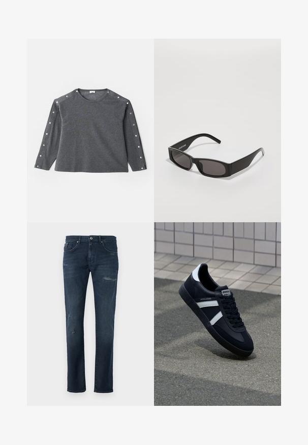 Pelēka ilgām piedurknēm krekls no mīksta auduma, ar apaļu kakla izgriezumu un spiedpogu akcentiem gar plecu, lai piešķirtu papildu detaļu.; Tumši zili džinsi ar taisnu griezumu, kas izceļas ar nodilušām detaļām, vieglu izbalēšanu un klasisko piecu kabatu dizainu.; Melnā ādas sporta apavi ar baltām svītrām, teksturēta gumijas zole un auklu aizdare. Iekļauj zīmola etiķeti uz mēles.; Melnas taisnstūrveida saulesbrilles ar tumšiem stikliem, gludu plastmasas rāmi un izteiktu logotipu kreisajā rokā. Minimalistisks dizains.