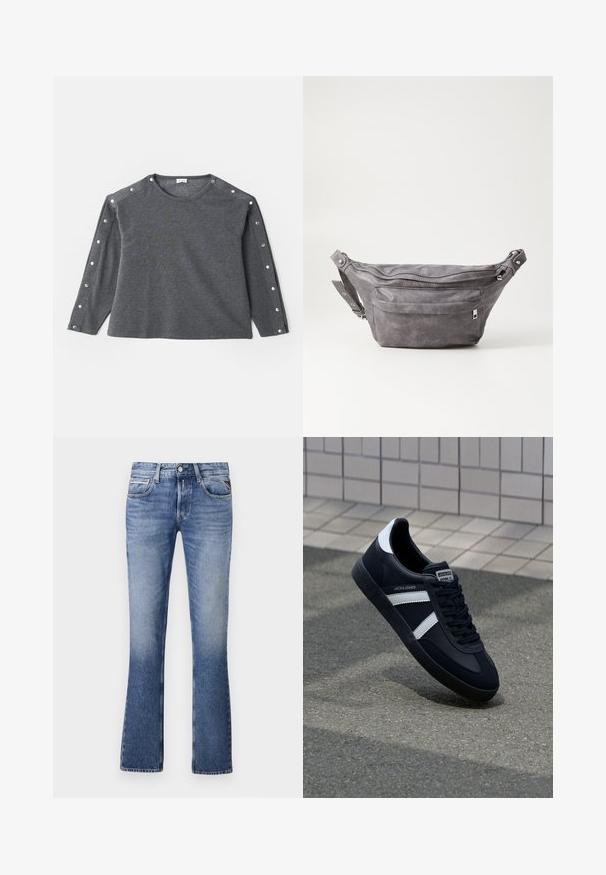 Cămașă gri cu mâneci lungi dintr-un material moale, având decolteu rotund și detalii cu nasturi prin apăsare pe umăr pentru un plus de stil.; Jeans din denim de culoare albastră deschisă, cu un design cu picior evazat, având cinci buzunare, sistem de închidere cu button frontal și o ușoară decolorare pe întreaga suprafață.; Sneaker din piele neagră cu dungi albe, talpă din cauciuc texturat și șireturi. Prezintă un eticheta de marcă pe limbă.; Borseta gri din suede, cu o formă rotunjită, două compartimente cu fermoar și curea ajustabilă. Are accente din metal.