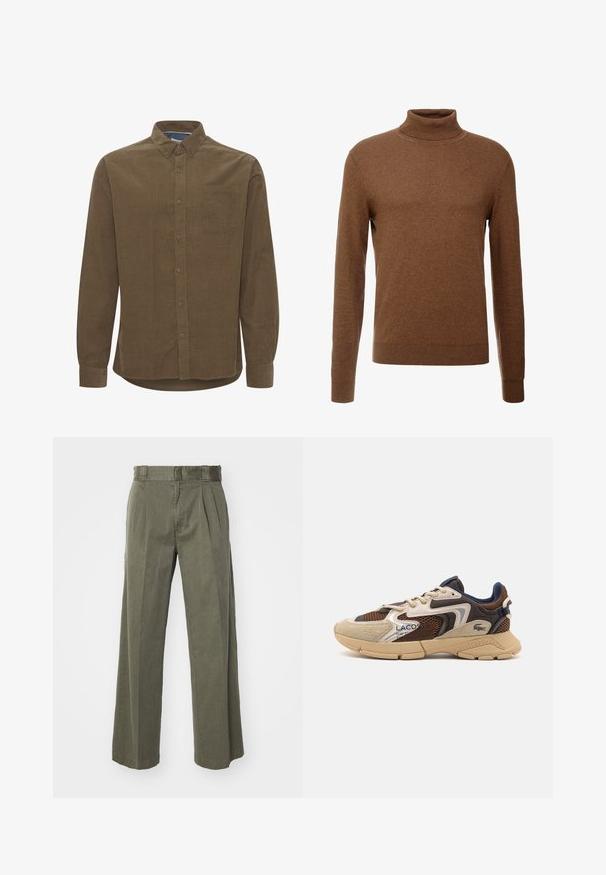 Smeđi pulover s visokim ovratom izrađen od mekog materijala, sa dugim rukavima, rebrastim manžetama i uskim krojem bez vidljivih uzoraka.; Smeđa pamučna košulja dugih rukava s kragnom na dugme, jednim džepom na prsima i blago zakrivljenim rubom. Ima prednje zatvaranje na dugmad.; Maslinasto zelene hlače sa širokim, ležernim krojem i prednjim nabranim detaljima. Izrađene od teksturiranog materijala s klasičnim pojasom i bez vidljivih metalnih dijelova.; Bež i smeđi tenisice s teksturiranim mrežastim panelima, velur akcentima i gumenim potplatom. Imaju čipkastu konstrukciju i oznake branda.