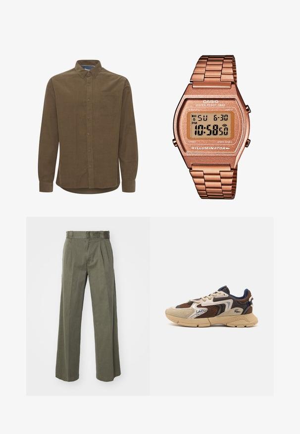 Brauner Rollkragenpullover aus weichem Stoff, mit langen Ärmeln, gerippten Bündchen und tailliertem Schnitt ohne sichtbare Muster.; Braunes Baumwollhemd mit langen Ärmeln, Button-Down-Kragen, einer einzelnen Brusttasche und einem leicht abgerundeten Saum. Mit einer Frontknopfleiste.; Olivgrüne Hose mit einem lockeren, weit geschnittenen Design und vorderen Falten. Hergestellt aus strukturiertem Stoff mit einem normalen Bund und ohne sichtbare Beschläge.; Beige und braune Sneakers mit strukturierten Netzpaneelen, Wildlederakzenten und einer Gummisohle. Verfügt über ein Schnürdesign und Marken-Detailing.; Digitaluhr von Casio mit einem roségoldenen Metallarmband, rechteckigem Gehäuse, beleuchtetem Display und Wasserfestigkeit, zeigt Uhrzeit und Datum an.