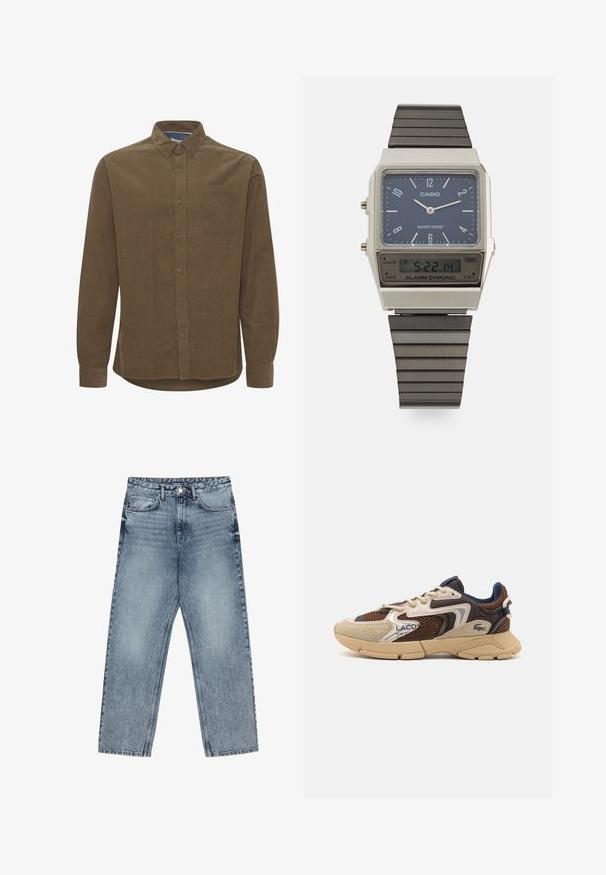 Rudas golfas, pagamintas iš minkštos medžiagos, su ilgomis rankovėmis, briaunotais riešais ir prigludusia forma, be matomų raštų.; Ruda medvilninė marškinė su ilgomis rankovėmis, su mygtukų apykakle, viena krūtinės kišene ir šiek tiek kreipta apačia. Yra priekinis mygtukų uždarymas.; Šviesiai mėlynos džinsinės kelnės su tiesiu kelnės siluetu, matomomis siūlėmis, penkių kišenių dizainu ir mygtuko uždarymu juosmens srityje.; Bežiniai ir rudi sportbačiai su tekstūruotais tinkliniais intarpais, zomšos akcentais ir guminiais padais. Pasižymi šniriamu dizainu ir prekiniais ženklais.; Casio skaitmeninis laikrodis su mėlynu ciferblatu, sidabriniu korpusu ir sluoksniuota juoda gumine apyranke. Rodo laiką ir budinimo nustatymus. Atsparus vandeniui.