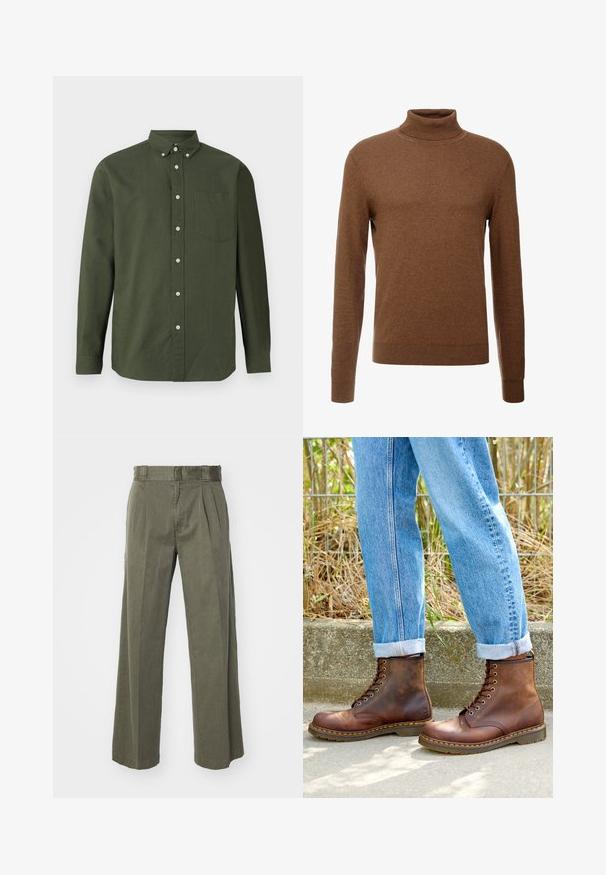 Brun turtleneck genser laget av myk stoff, med lange ermer, ribbestrikkede mansjetter og en tettsittende design uten synlige mønstre.; Mørk grønn skjorte med lange ermer, krage, enkelt brystlomme og hvite knappeaksenter; laget av et lett materiale.; Olivenfargede bukser med løs, vid ben-design og frontplisseringer. Laget av teksturert stoff med standard midjebånd og uten synlig maskinvare.; Brune lærankelstøvler med en glat tekstur, otte snørhuller og gul syning, parret med oprevne blå denimjeans.