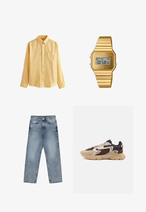 Brauner Rollkragenpullover aus weichem Stoff, mit langen Ärmeln, gerippten Bündchen und tailliertem Schnitt ohne sichtbare Muster.; Next SIGNATURE LONG SLEEVE COLLAR - Hemd - yellow; Weißes Baumwoll-T-Shirt mit Rundhalsausschnitt und kurzen Ärmeln. Das Design ist schlicht ohne Muster oder Akzente.; Hellblaue Jeans aus Denim mit geradem Schnitt, sichtbaren Nähten, fünf Taschen-Design und einem Knopfverschluss an der Taille.; Beige und braune Sneakers mit strukturierten Netzpaneelen, Wildlederakzenten und einer Gummisohle. Verfügt über ein Schnürdesign und Marken-Detailing.; Casio Digitaluhr mit achteckigem Gehäuse aus vergoldetem Edelstahl und Armband, ausgestattet mit LCD-Anzeige, Wecker und Wasserbeständigkeit.