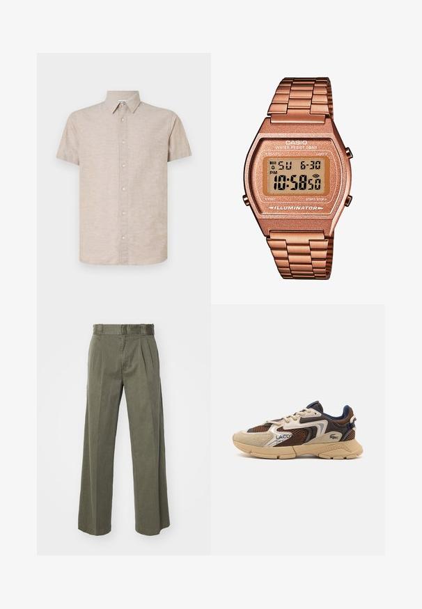Barna garbónyakú pulóver, puha anyagból készült, hosszú ujjakkal, bordás mandzsettákkal és testhezálló, észlelhető minták nélkül.; Rövid ujjú bézs ing texturált anyagból, gombos gallérral, elöl gombolással, világos színű gombokkal és egyenes szegéllyel.; Olívazöld nadrág, laza, széles lábakkal és elülső redők kialakítással. Texturált anyagból készült, standard derékrésszel és látható fémalkatrészek nélkül.; Beige és barna sportcipő, textúrált hálós panelek, velúr díszítések és gumitalp jellemzi. Fűzős dizájnnal és márkázott részletekkel rendelkezik.; Digitális Casio óra rózsaarany fém szíjjal, téglalap alakú házzal, megvilágított kijelzővel és vízállósággal, mutatja az időt és a dátumot.