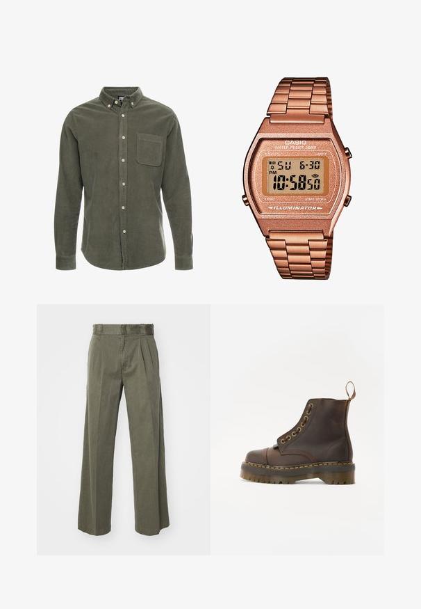 Ruskea pusero, jossa on korkea kaulus, pehmeää kangasta, pitkät hihat, ribbaatut hihansuut ja kapea malli ilman näkyviä kuvioita.; Olivenvihreä corduroy-paita pitkillä hihoilla, napillinen kaulus, etutasku ja etunappikiinnitys. Teksturoitu kangas, jossa on pystysuorat raidat.; Vihreät oliivinväriset housut, joissa on rento, leveälahkeinen muotoilu ja etuista taitoksia. Valmistettu tekstuuripinnoitteisesta kankaasta, jossa on normaali vyötärö ja ilman näkyvää metalliosaa.; Ruske nahkasaapad ankliaukolla, pyöreällä kärjellä, kontrastivärisin keltaisin tikkausin, koristeellisin metallisilmukoita ja uritetulla kumipohjalla.; Digitaalinen Casio-kello, jossa on ruusukultainen metalliranneke, suorakaiteen muotoinen kuori, valaistu näyttö ja vedenkestävyys, näyttää ajan ja päivämäärän.