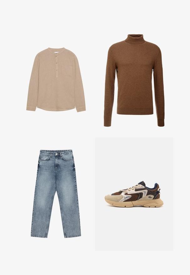 Maglione dolcevita marrone realizzato in tessuto morbido, con maniche lunghe, polsini a coste e un design aderente senza motivi visibili.; Camicia beige a maniche lunghe con scollatura henley, patta di bottoni, tasca sul petto sinistro, texture morbida e orlo arrotondato.; Jeans in denim azzurro chiaro con taglio a gamba dritta, cuciture visibili, design a cinque tasche e chiusura a bottoni in vita.; Sneaker beige e marrone con pannelli in mesh testurizzati, accenti in suede e suola in gomma. Presenta un design con lacci e dettagli brandizzati.