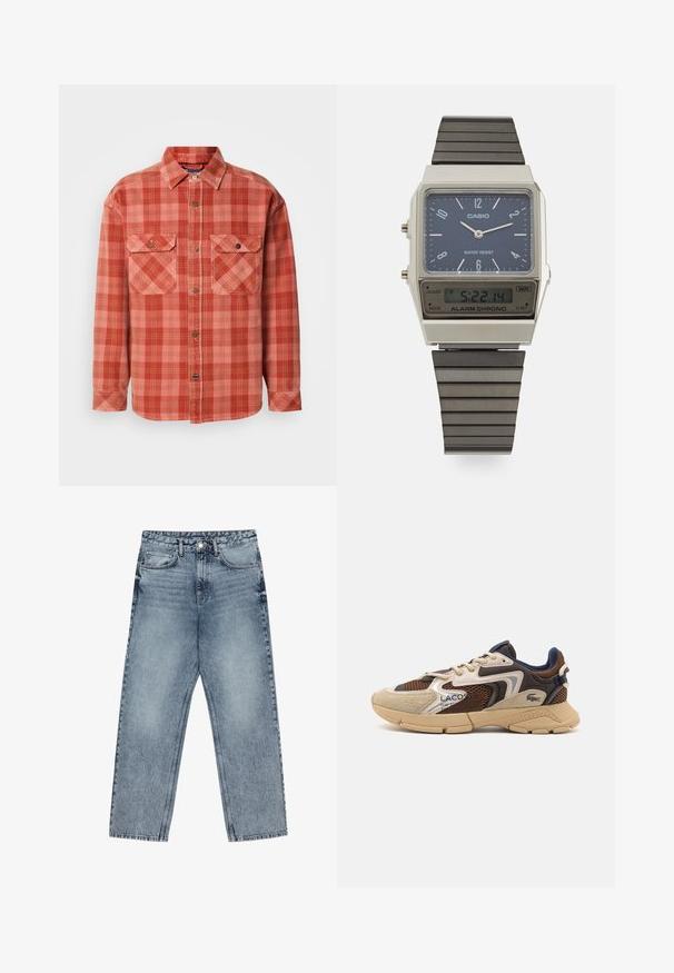 Brun turtleneck genser laget av myk stoff, med lange ermer, ribbestrikkede mansjetter og en tettsittende design uten synlige mønstre.; Rød og rosa rutete flanellskjorte med lange ermer, knappet krage, to brystlommer og kontrastfargede knapper.; Lys blå denimjeans med rett benkutt, synlige sømmer, fem lommers design og knappelukking i livet.; Beige og brun sneaker med teksturerte mesh-paneler, semsket skinndetaljer, og gummisåle. Har snøring og merkeinformasjon.; Casio digital klokke med blå urskive, sølvfarget kasse og lagdelt svart gummirem. Viser tid og alarminnstillinger. Vanntett.