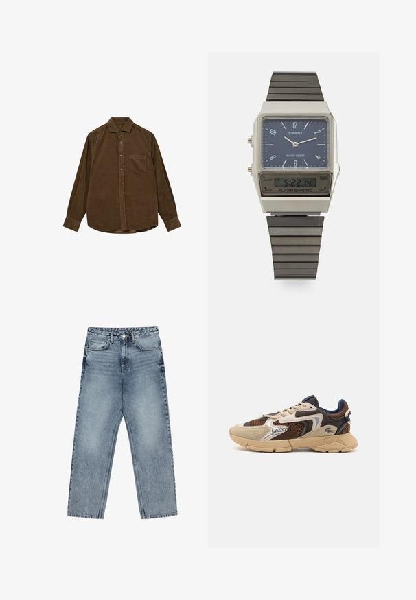 Brauner Rollkragenpullover aus weichem Stoff, mit langen Ärmeln, gerippten Bündchen und tailliertem Schnitt ohne sichtbare Muster.; Braunes Cordhemd mit langen Ärmeln, Button-Down-Kragen, Fronttasche und strukturierter gerippter Oberfläche. Verfügt über Knöpfe in Silberoptik.; Hellblaue Jeans aus Denim mit geradem Schnitt, sichtbaren Nähten, fünf Taschen-Design und einem Knopfverschluss an der Taille.; Beige und braune Sneakers mit strukturierten Netzpaneelen, Wildlederakzenten und einer Gummisohle. Verfügt über ein Schnürdesign und Marken-Detailing.; Casio Digitaluhr mit blauem Zifferblatt, silbernem Gehäuse und geschichtetem schwarzen Gummiband. Zeigt Uhrzeit und Alarm Einstellungen an. Wasserdicht.