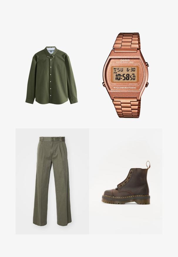 Pruun kõrge kaelusega sviiter pehmest kangast, pikkade varrukatega, ribadega mansettide ja sobiva disainiga, ilma nähtavate mustriteta.; Oliivroheline pikakäistega särk, millel on nööriga krae, esine nööbid ja väike broderii logo. Pehme kangas, struktuurne disain.; Olivroheline püksid, millel on vabalt langev, laia säärega disain ja ees olevad voldid. Valmistatud tekstuursed kangast, tavalise vöökoht ja ilma nähtavate riistadega.; Pruun nahast pahkluu saapad ümmarguse varbaga, kontrastsete kollaste õmblustega, dekoratiivsete metallist silmadega ja soonilise kummitaldiga.; Digi Casio kell, roosakullast metallist rihmaga, ristkülikukujuline korpus, valgustatud kuva ja veekindel, näitab kellaaega ja kuupäeva.