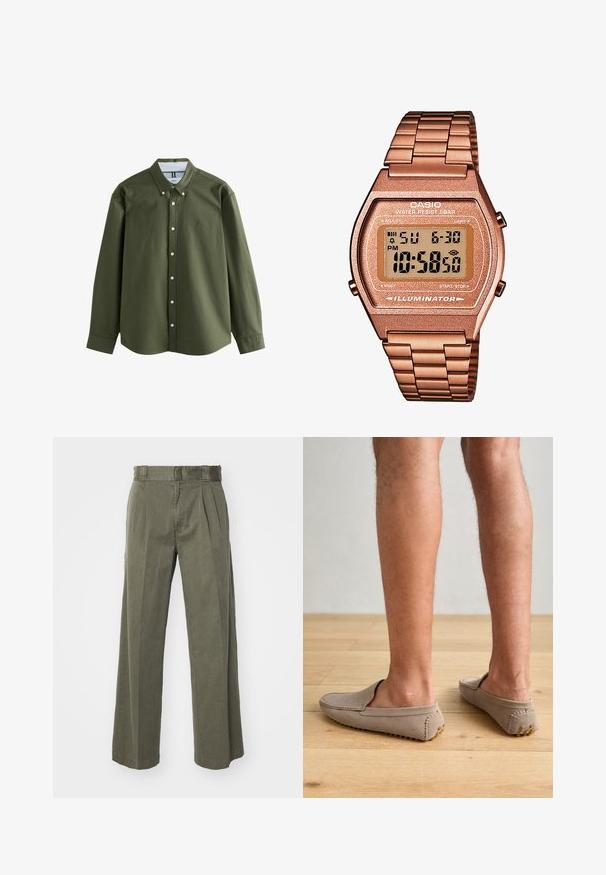 Hnedý rolák vyrobený z mäkkej tkaniny, s dlhými rukávmi, rebrovanými manžetami a priliehavým strihom bez viditeľných vzorov.; Olivovo zelená košeľa s dlhým rukávom, s golierom na zapínanie, prednými gombíkmi a malým vyšitým logom. Mäkčená tkanina so štruktúrovaným dizajnom.; Olivové nohavice s voľným, širokým strihom a prednými záhybmi. Vyrobené z textúrovanej tkaniny so štandardným pásom a bez viditeľných prackov.; Bežové semišové poltopánky na voľné obutie s oblým prstom a dekoratívnym prešívaním, so štruktúrovanou gumovou podrážkou a malými zlatými akcentami.; Digitálne hodinky Casio s kovovým remienkom v ružovom zlate, obdĺžnikovým puzdrom, osvetleným displejom a vodoodolnosťou, zobrazuje čas a dátum.
