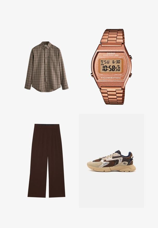 Brun polotröja i mjukt tyg, med långa ärmar, ribbade muddar och en figurnära design utan synliga mönster.; Next EASY IRON BUTTON DOWN OXFORD - Skjorta - brown gingham; Bruna vida byxor med veck. Tillverkade av ett mjukt tyg, med skräddarsydd midja och sidofickor. Slät fåll längst ner.; Beige och bruna sneakers med texturerade meshpaneler, mockadetaljer och gummisulor. Har snörningsdesign och varumärkesdetaljer.; Digital Casio-klocka med armband i roséguld, rektangulärt hölje, belyst display och vattentålighet, som visar tid och datum.