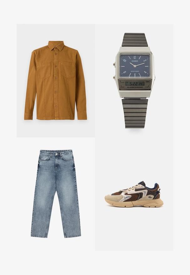 Brun turtleneck genser laget av myk stoff, med lange ermer, ribbestrikkede mansjetter og en tettsittende design uten synlige mønstre.; TOM TAILOR Button down-skjorte - deep cognac; Lys blå denimjeans med rett benkutt, synlige sømmer, fem lommers design og knappelukking i livet.; Beige og brun sneaker med teksturerte mesh-paneler, semsket skinndetaljer, og gummisåle. Har snøring og merkeinformasjon.; Casio digital klokke med blå urskive, sølvfarget kasse og lagdelt svart gummirem. Viser tid og alarminnstillinger. Vanntett.
