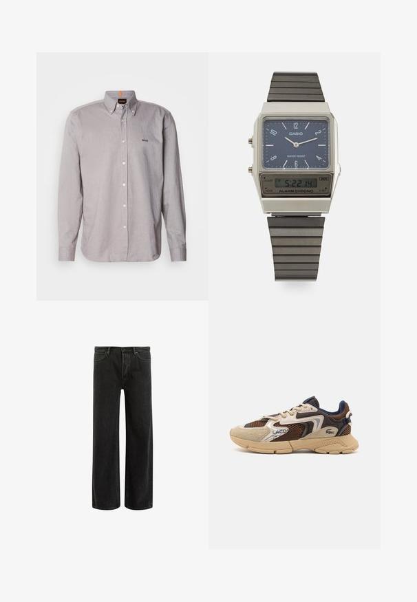 Rudas golfas, pagamintas iš minkštos medžiagos, su ilgomis rankovėmis, briaunotais riešais ir prigludusia forma, be matomų raštų.; Šviesiai pilkas marškinėlių tipo švarkas, pagamintas iš lengvo audinio, su apykakle, ilgomis rankovėmis ir mažuoju išsiuvinėtu logotipu ant krūtinės.; Juodi džinsai plačiomis kojomis su aukštu liemeniu, su klasikinio penkių kišenių dizainu ir švelniu prasiskverbimu dėl tekstūruotos išvaizdos.; Bežiniai ir rudi sportbačiai su tekstūruotais tinkliniais intarpais, zomšos akcentais ir guminiais padais. Pasižymi šniriamu dizainu ir prekiniais ženklais.; Casio skaitmeninis laikrodis su mėlynu ciferblatu, sidabriniu korpusu ir sluoksniuota juoda gumine apyranke. Rodo laiką ir budinimo nustatymus. Atsparus vandeniui.