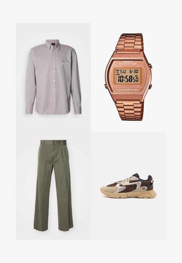 Rudas golfas, pagamintas iš minkštos medžiagos, su ilgomis rankovėmis, briaunotais riešais ir prigludusia forma, be matomų raštų.; Šviesiai pilkas marškinėlių tipo švarkas, pagamintas iš lengvo audinio, su apykakle, ilgomis rankovėmis ir mažuoju išsiuvinėtu logotipu ant krūtinės.; Olivinės spalvos kelnės su laisvu, plačiu dizainu ir priekinių raukšlių detale. Pagamintos iš tekstūruoto audinio, su standartine juosmena ir be matomų aksesuarų.; Bežiniai ir rudi sportbačiai su tekstūruotais tinkliniais intarpais, zomšos akcentais ir guminiais padais. Pasižymi šniriamu dizainu ir prekiniais ženklais.; Skaitmeninis Casio laikrodis su rožinės aukso metaline juosta, stačiakampiu korpusu, apšviečiamu ekranu ir atsparumu vandeniui, rodomas laikas ir data.