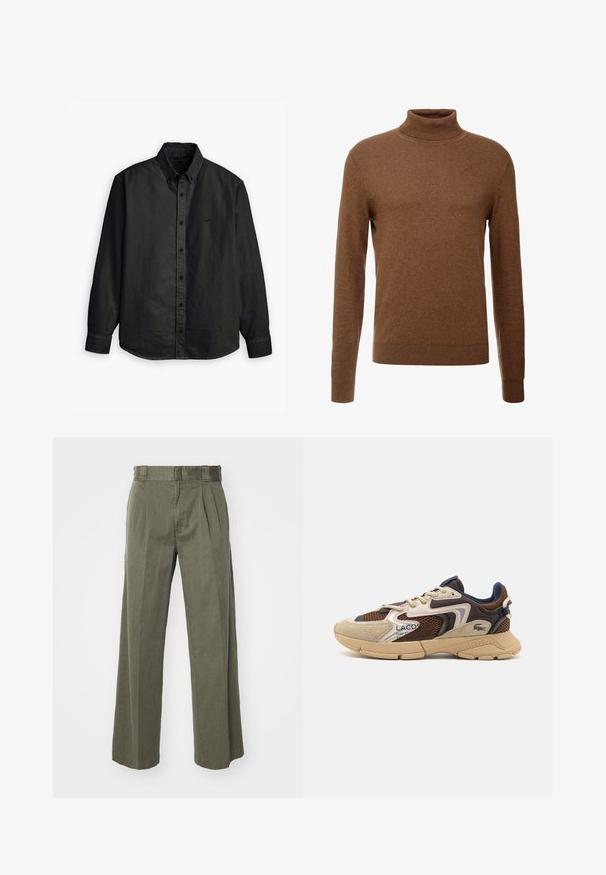 Rudas golfas, pagamintas iš minkštos medžiagos, su ilgomis rankovėmis, briaunotais riešais ir prigludusia forma, be matomų raštų.; Levi's® AUTHENTIC BUTTON DOWN - Marškiniai - kincaid jet black garment dye; Olivinės spalvos kelnės su laisvu, plačiu dizainu ir priekinių raukšlių detale. Pagamintos iš tekstūruoto audinio, su standartine juosmena ir be matomų aksesuarų.; Bežiniai ir rudi sportbačiai su tekstūruotais tinkliniais intarpais, zomšos akcentais ir guminiais padais. Pasižymi šniriamu dizainu ir prekiniais ženklais.