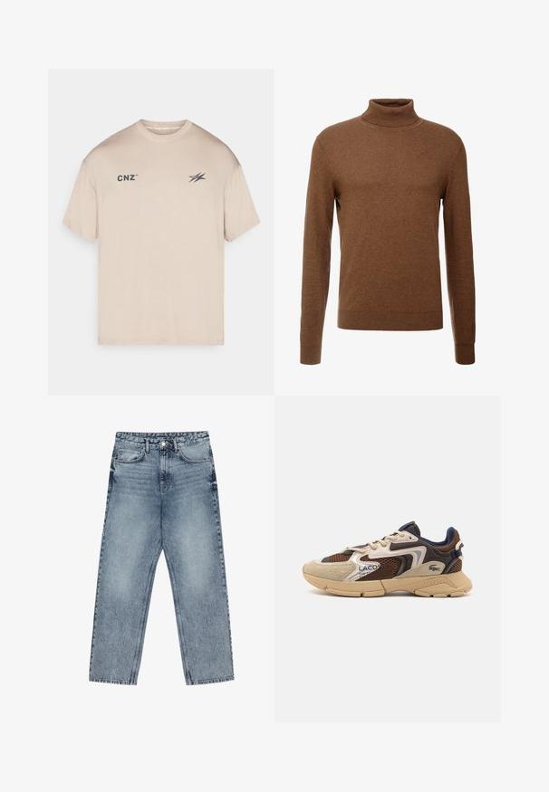 Pruun kõrge kaelusega sviiter pehmest kangast, pikkade varrukatega, ribadega mansettide ja sobiva disainiga, ilma nähtavate mustriteta.; Beige lühikese varrukaga T-särk, mis on valmistatud pehmest kangast, esiküljel on väike "CNZ" logo ja graafiline aktsent. Klassikaline ümmargune kaelus.; Heledad sinine teksad sirge lõikega, nähtavate õmblustega, viie taskuga disain ja nupuga kinnitamine vööl.; Beige ja pruun tenniset, millel on tekstuuriga võrgupaneelid, sametised aktsendid ja kummist tald. Omab nöörimise disaini ja bränditud detaile.