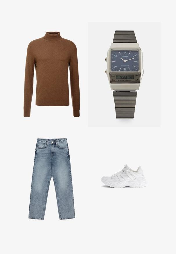 Hnědý rolák z měkké tkaniny, s dlouhými rukávy, žebrovanými manžetami a přiléhavým střihem bez viditelných vzorů.; Světle modré džíny z denimu se střihom rovnými nohavicemi, viditelným šitím, designem s pěti kapsami a knoflíkovým zapínáním v pase.; Bílé tenisky s texturovaným síťovaným svrškem, syntetickými překryvy a silnou, tvarovanou podrážkou. Obsahují šněrovací design a poutko.; Digitální hodinky Casio s modrým ciferníkem, stříbrným pouzdrem a vrstveným černým gumovým remínkem. Zobrazuje čas a nastavení alarmu. Voděodolné.
