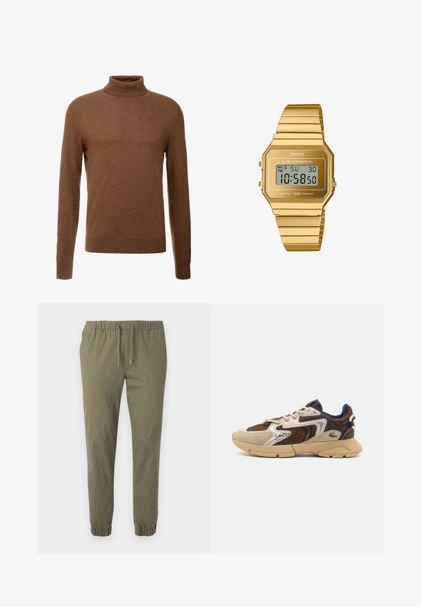 Brun turtleneck genser laget av myk stoff, med lange ermer, ribbestrikkede mansjetter og en tettsittende design uten synlige mønstre.; Olivengrønne, avsmalnende bukser med elastisk midje og justerbar snor. Har elastiske mansjetter og et glatt, lett stoff.; Beige og brun sneaker med teksturerte mesh-paneler, semsket skinndetaljer, og gummisåle. Har snøring og merkeinformasjon.; Casio digital klokke med åttkantet gulldelt rustfritt stålhus og armbånd, med LCD-skjerm, alarm og vannmotstand.