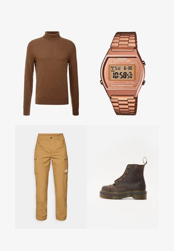 Rudas golfas, pagamintas iš minkštos medžiagos, su ilgomis rankovėmis, briaunotais riešais ir prigludusia forma, be matomų raštų.; The North Face EXPLORATION PANTS - Kareiviško stiliaus kelnės - utility brown; Rudos odinės kulkšninių batus su apvalia nosimi, kontrastinga geltona siūle, dekoratyviniais metaliniais akių skyreliais ir grioveliuota guma pagrindu.; Skaitmeninis Casio laikrodis su rožinės aukso metaline juosta, stačiakampiu korpusu, apšviečiamu ekranu ir atsparumu vandeniui, rodomas laikas ir data.