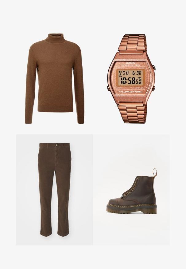 Brown turtleneck sweater made of soft fabric, featuring long sleeves, ribbed cuffs, and a fitted design with no visible patterns.; Brown corduroy trousers with a straight cut, featuring a front button closure, two front pockets, and a soft texture.; Brown leather ankle boot with a round toe, contrasting yellow stitching, decorative metal eyelets, and a grooved rubber sole.; Digital Casio watch with a rose gold metal band, rectangular case, illuminated display, and water resistance, showing time and date.