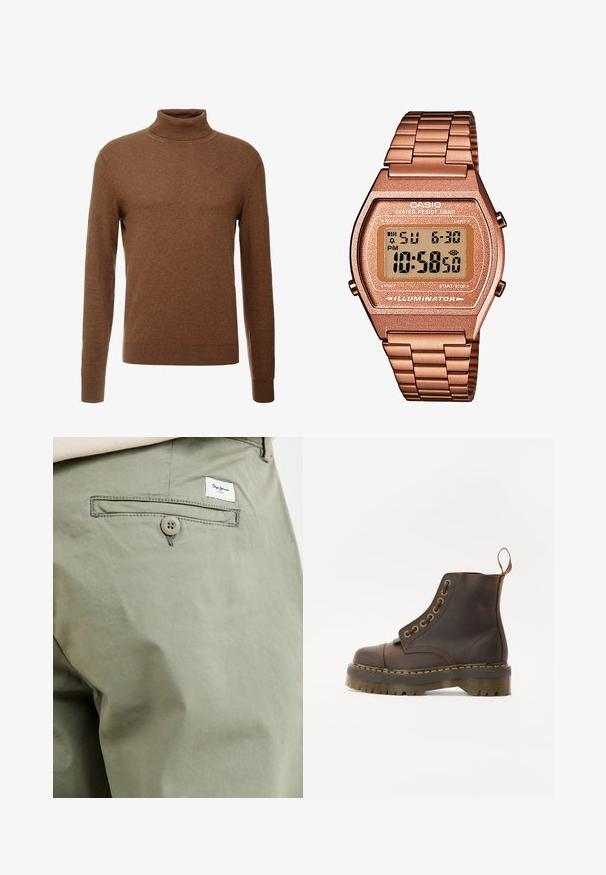 Smeđi pulover s visokim ovratom izrađen od mekog materijala, sa dugim rukavima, rebrastim manžetama i uskim krojem bez vidljivih uzoraka.; Svijetlo maslinasto zelene pamučne hlače s stražnjim džepom, koje imaju kopčanje na dugme i malu oznaku branda našivenu iznad džepa.; Smeđe kožne čizme do gležnja s okruglim vrhom, kontrastnim žutim šavovima, dekorativnim metalnim rupicama i zupčastom gumom.; Digitalni Casio sat s metalnom narukvicom u ružičastom zlatu, pravokutnim kućištem, osvijetljenim zaslonom i vodootpornošću, prikazuje vrijeme i datum.