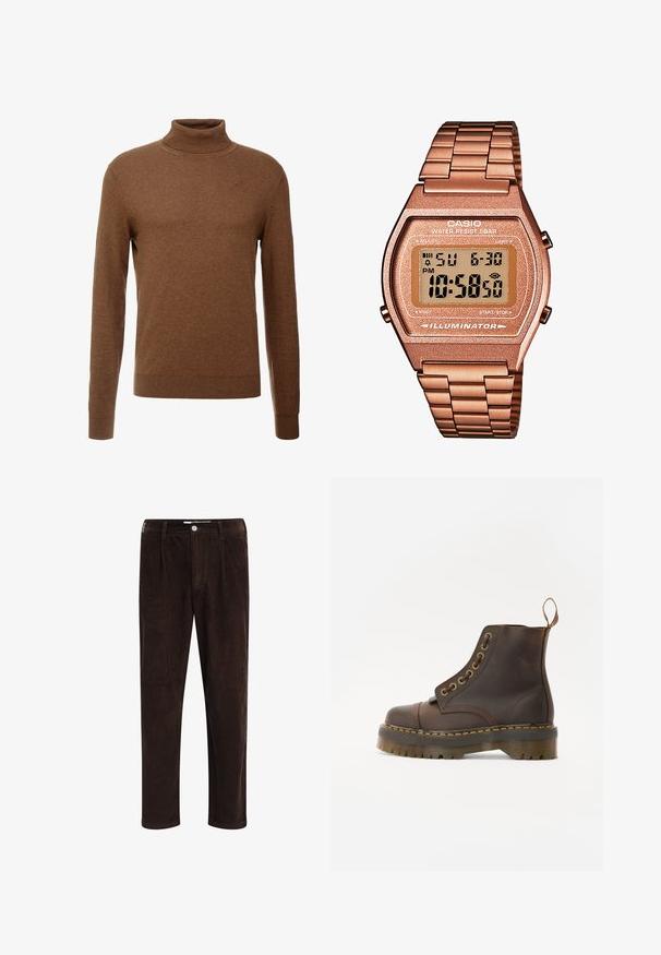 Suéter de cuello alto marrón hecho de un tejido suave, con mangas largas, puños acanalados y un diseño ajustado sin patrones visibles.; Redefined Rebel JOHN COMFORT FIT - Pantalones - demitasse; Botín de cuero marrón hasta el tobillo con punta redonda, costuras amarillas en contraste, ojales de metal decorativos y suela de goma estriada.; Reloj digital Casio con una correa de metal en color oro rosa, caja rectangular, pantalla iluminada y resistencia al agua, que muestra la hora y la fecha.