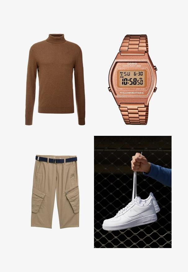Brauner Rollkragenpullover aus weichem Stoff, mit langen Ärmeln, gerippten Bündchen und tailliertem Schnitt ohne sichtbare Muster.; Beige Cargo-Shorts mit zwei Seitentaschen, einer Reißverschlusstasche und einem marineblauen Gürtel. Hergestellt aus einem strukturierten Stoff mit einer lockeren Passform.; Weiße Leder-Sneaker mit Perforationen, runder Zehenpartie, flacher Sohle und dicken Schnürsenkeln, mit sichtbar eingesticktem Swoosh-Logo und "AIR" an der Ferse.; Digitaluhr von Casio mit einem roségoldenen Metallarmband, rechteckigem Gehäuse, beleuchtetem Display und Wasserfestigkeit, zeigt Uhrzeit und Datum an.