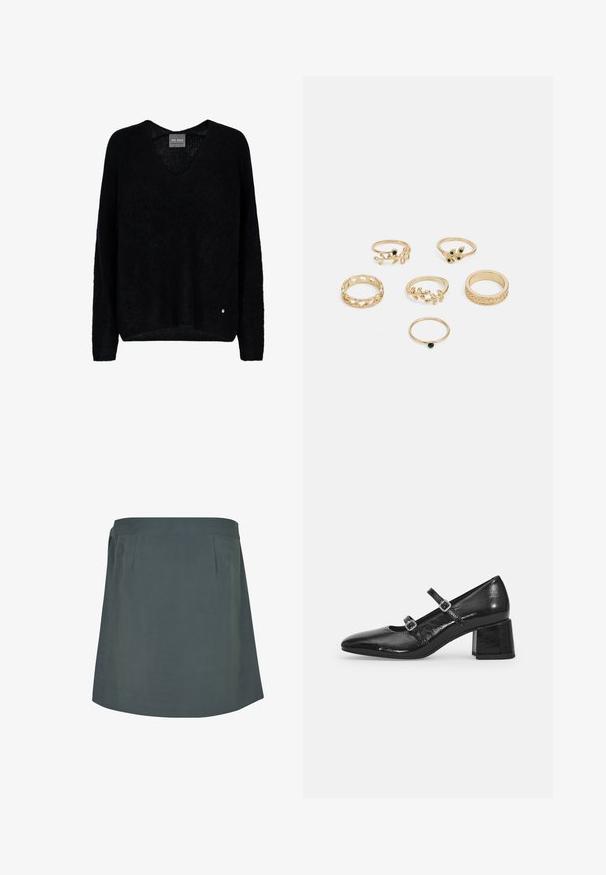 Melns pārmērīgi liels džemperis ar V veida izgriezumu, garām piedurknēm, veidots no teksturētas auduma. Ievērojama detaļa ir neliela metāla logotipa uzlīme pie apakšas.; Tumši zaļš, ceļa garuma svārki ar gludu tekstūru, kas piedāvā plakanu jostasvietu un smalkas krokas priekšpusē. Vienkāršs, funkcionāls dizains.; Melnas patenta ādas Mary Jane kurpes ar izteiksmes pirkstu, divām regulējamām siksnām un masīlu blokveida papēdi. Gluda tekstūra un spīdīga apdare.; Sešu zeltītu gredzenu komplekts ar dažādiem dizainiem: plūstošās pinumu, lapu motīviem un vienkāršām lentām; daži ar zaļiem dārgakmeņu akcentiem.