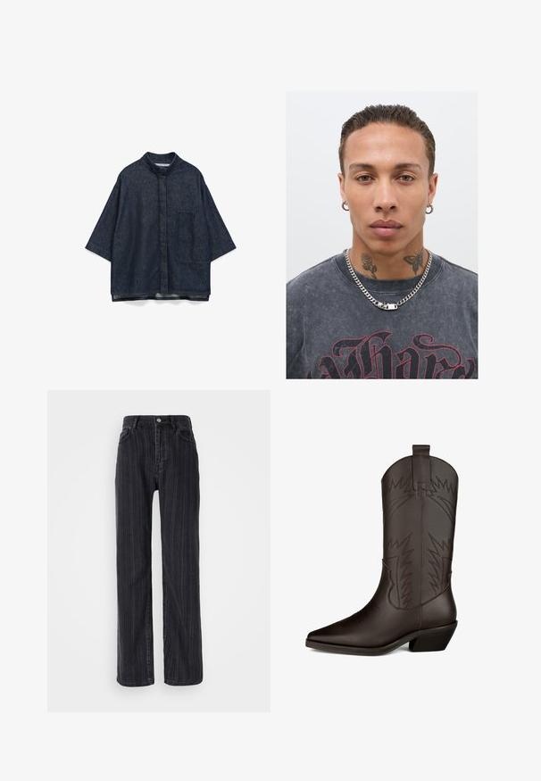 Marineblauer Strickpullover mit Rundhalsausschnitt, langen Ärmeln und cropped Saum. Weiche Textur, keine sichtbaren Muster oder Verzierungen.; Dunkelblaue Denim-Bluse mit Stehkragen, überschnittenen Schultern, kurzen Ärmeln, aufgesetzter Brusttasche und lockerer Passform.; Hoch taillierte schwarze Denim-Jeans mit vertikalem Streifenmuster, geradem Bein und metallischem Knopfverschluss vorne.; Braune Leder-Cowboystiefel mit spitzem Zehenbereich, hohem Schaft, dekorativer Stickerei, die Blitze ähnelt, und einem Blockabsatz.; Schwarzes Grafik-T-Shirt mit rotem Aufdruck, silberne Kettenhalskette und mehrere Gesichtstattoos, darunter eine Rose und ein Schmetterling, vor einem schlichten Hintergrund.