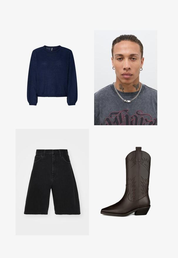 Suéter de punto azul marino con cuello redondo, mangas largas y dobladillo recortado. Textura suave, sin patrones ni adornos visibles.; Pantalones cortos de mezclilla negra con una cintura alta, diseño de pierna ancha, que cuentan con cinco bolsillos y cierre de botón. Textura suave con un desvanecimiento mínimo.; Bota vaquera de cuero marrón con punta afilada, caña alta, costuras decorativas que recuerdan a rayos y tacón cuadrado.; Camiseta gráfica negra con impresión roja, collar de cadena plateada y múltiples tatuajes faciales, incluyendo una rosa y una mariposa, todo ello sobre un fondo liso.
