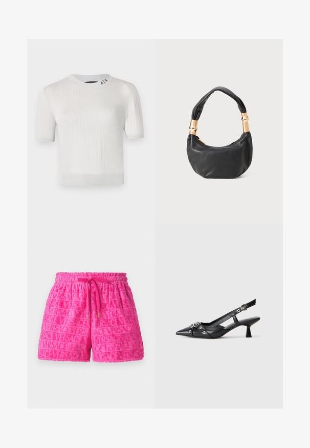 Balti trumpi rankovės ribotas megztinis su apvalia iškirpte, su logotipo detale šalia apykaklės ir lygiu, šiek tiek blizgiu paviršiumi.; Rožinės frotinės šortai su elastinga juosta ir raišteliu, turintys iškilų modelį su žodžiu "VERSACE."; Juodas odinis slingback tipo batai su smailiu priekiniu atvartu, dekoratyvinėmis sagtimis su metaliniais akyčiais ir žemu blokiniu kulnu. Saldus paviršius.; Juodas odinis rankinukas apvalios formos, minkštos tekstūros su susietu rankena ir auksinės spalvos detalėmis. Užtrauktuko uždarymas.