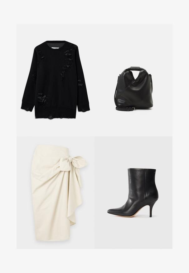 Melns džemperis, izgatavots no mīksta auduma, ar vairākiem nolietotiem laukumiem, apaļu kakla izgriezumu un garām piedurknēm. Tekstūrēta apdare pie malām.; Krēmkrāsas aptveroša svārku, kas izgatavota no gludas auduma, ar lielu loku detaļu jostasvietā un plūstošu, izkārtotu siluetu.; Melnas ādas potītes zābaki ar norādītu pirkstu, šauru stiletto papēdi un gludu tekstūru. Minimalistiska dizaina, bez redzamām detaļām vai akcentiem.; Melnas, mīkstas ādas soma ar unikālu savērptu dizainu. Iespējo īsu rokturi un noņemamu plecu siksnu. Minimalistisks stils.