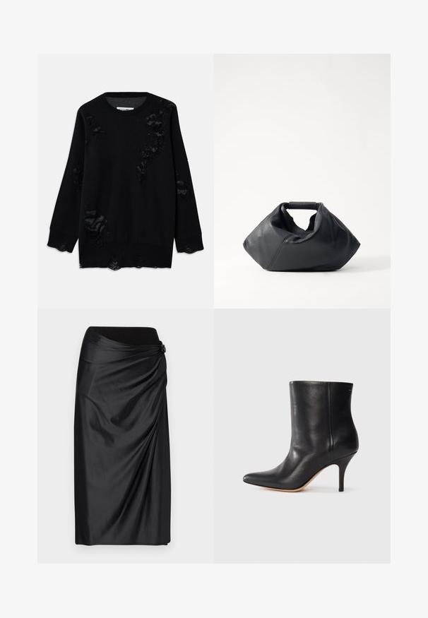 Pulover negru dintr-un material moale, cu mai multe zone deteriorate, guler rotund și mâneci lungi. Finisaj texturat aproape de margini.; Fustă neagră din satin cu un design drapat, talie elastică și un accent decorativ. Textură fină cu un luciu subtil.; Botină neagră din piele cu vârf ascuțit, toc subțire de tip stiletto și textură netedă. Design minimalist fără hardware sau accente vizibile.; Geantă din piele neagră, cu un exterior texturat, formă unică pliată și o mânere scurtă. Prezintă un singur compartiment principal.