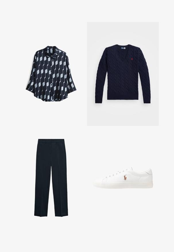 Marine blauwe kabelgebreide v-hals trui met geribbelde manchetten en zoom, logo accent op de borst, gemaakt van textuur gebreide stof.; Marineblauwe overhemden met een patroon van afwisselend verticale witte vormen, korte mouwen en een klassieke kraag. Gladde, lichte stof.; Marineblauwe coltrui met lange mouwen, gemaakt van zachte, lichtgewicht stof. Beschikt over een opgerolde kraag en zijsplitten aan de zoom voor extra bewegingsgemak.; Marineblauwe broek met een rechte pijp, een vlakke voorkant, twee zijzakken en een gladde textuur. Geen zichtbare patronen of accenten.; Witte leren sneakers, laag model, met een gladde textuur, ronde neus, vetersluiting aan de voorkant en een klein geborduurd logo aan de zijkant.