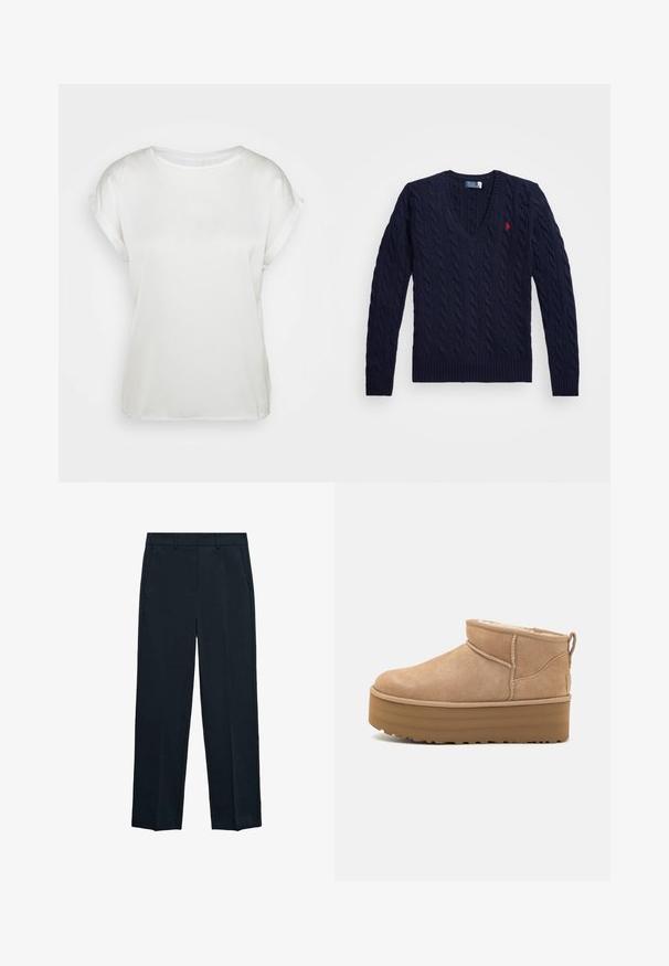 Marineblå kabelstrikket v-hals sweater med ribbede manchetter og kant, logoaccent på brystet, lavet af tekstureret strikket stof.; Hvid satin kortærmet top med rund halsudskæring. Glat tekstur og løs pasform. Omdrejede ærmekanter tilføjer subtil detalje. Minimalistisk design.; Marineblå turtleneck langærmet top lavet af blød, letvægtsstof. Har en foldet krave og sideslidser i kanten for nem bevægelse.; Marineblå bukser med lige ben, flad front, to sidelommer og en glat tekstur. Ingen synlige mønstre eller accenter.; Beige ruskinds ankelstøvler med et blødt indre, der har en platformssål og en strop bagpå for nem påtagning. Tekstureret gummisål.