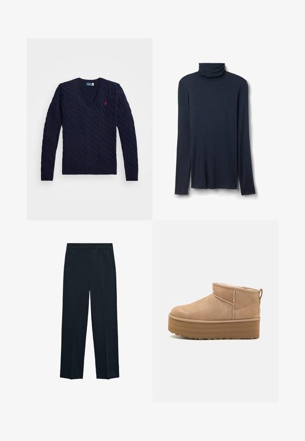 Maglione a V in maglia trecciata navy con polsini e orlo a coste, dettaglio del logo sul petto, realizzato in tessuto di maglia testurizzato.; Maglia a collo alto di colore navy con maniche lunghe, realizzata in tessuto morbido e leggero. Presenta un colletto ripiegato e spacco laterale all'orlo per facilitare i movimenti.; Pantaloni blu navy con un design a gamba dritta, fronte piatto, due tasche laterali e una texture liscia. Nessun motivo o accentuazione visibile.; Stivaletti alla caviglia in suede beige con un interno morbido, dotati di suola platform e di una linguetta sul retro per una facile indossabilità. Suola in gomma texturizzata.