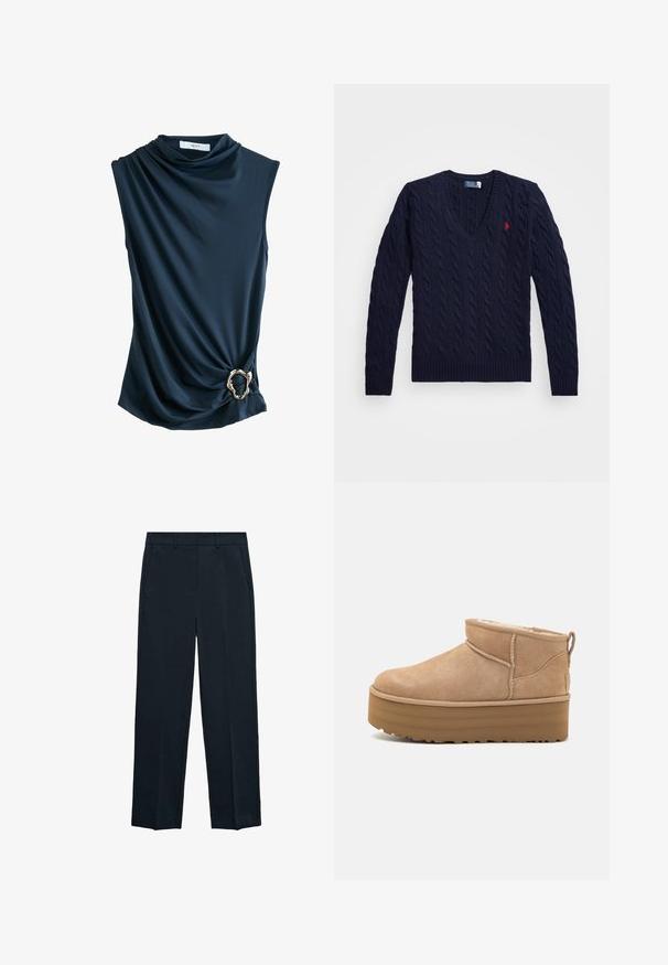 Navy cable-knit v-neck sweater featuring ribbed cuffs and hem, logo accent on chest, made from textured knit fabric.; Navy sleeveless top with draped fabric, cowl neckline, and a metallic gold ring accent at the waist, offering a smooth, soft texture.; Navy blue trousers featuring a straight-leg design, flat front, two side pockets, and a smooth texture. No visible patterns or accents.; Beige suede ankle boots with a plush interior, featuring a platform sole and a pull tab at the back for easy wear. Textured rubber outsole.