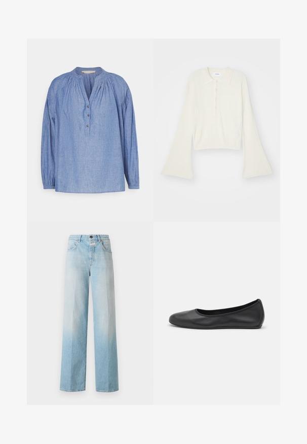 Ribbed, cream-colored polo shirt with long, flare sleeves and five button placket. Features a collar with a soft texture.; Vanessa Bruno NIPOA - Blouse - chambray; Light blue denim wide-leg jeans with a faded gradient, featuring a classic five-pocket design and metal button closure.; Black leather ballet flat with a rounded toe, smooth texture, minimal stitching detail, and a flexible sole design.